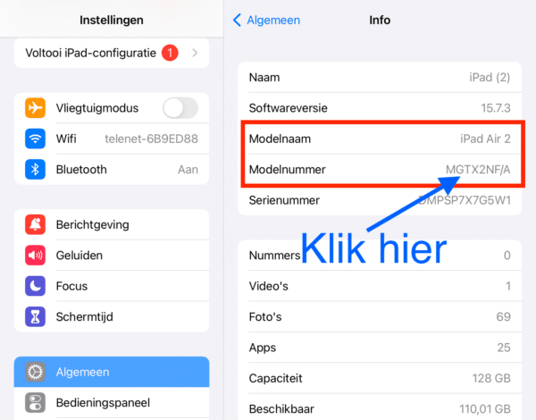 Info-scherm met modelnaam en modelnummer
